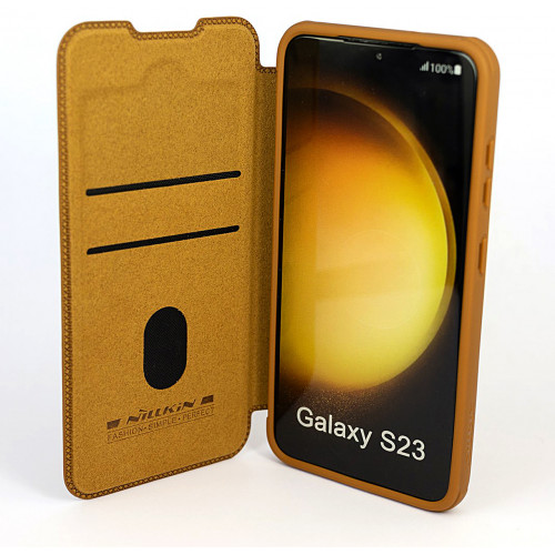 Коричневый премиум чехол-книжка на Samsung Galaxy S23 (SM-S911) с отделом для пластиковых карт