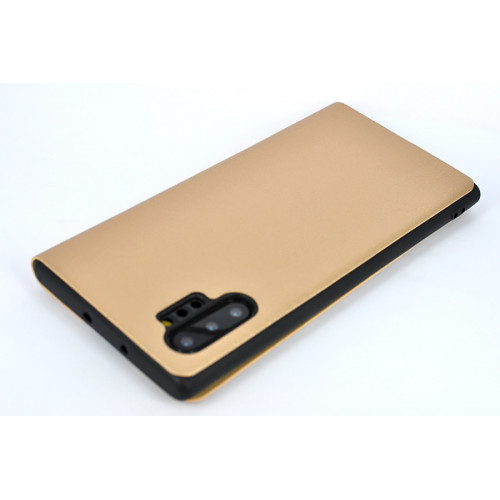 Кожаный фирменный чехол Flip Wallet для Samsung Galaxy Note 10 Plus золотого цвета с отделом для пластиковых карт