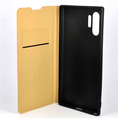 Кожаный фирменный чехол Flip Wallet для Samsung Galaxy Note 10 Plus золотого цвета с отделом для пластиковых карт