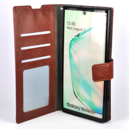 Коричневый кожаный чехол-книжка для Samsung Galaxy Note 10 Plus с отделом для пластиковых карт и магнитной застежкой