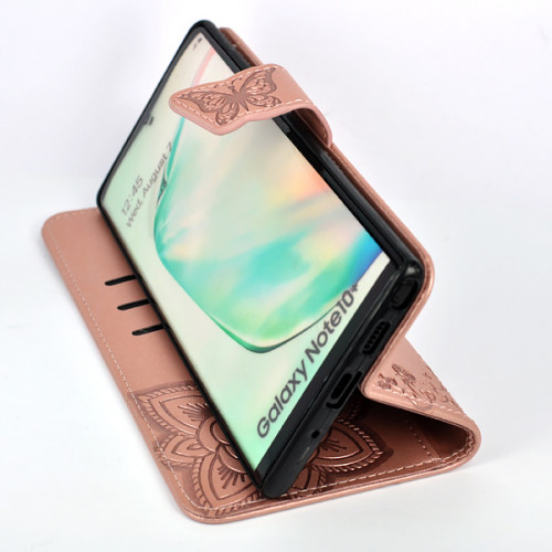 Дизайнерский фирменный чехол для Samsung Galaxy Note 10 Plus с магнитной застежкой и отделом для пластиковых карт розовый