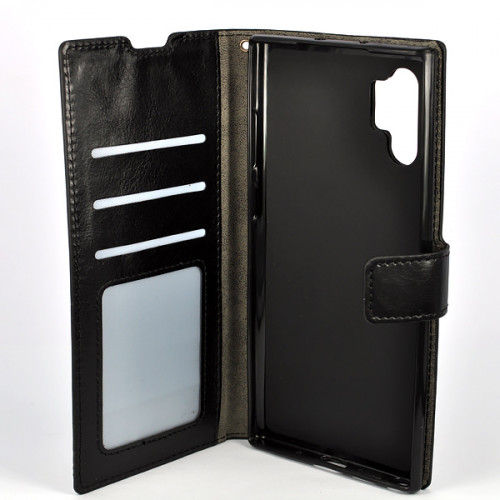 Черный кожаный чехол-книжка для Samsung Galaxy Note 10 Plus с отделом для пластиковых карт и магнитной застежкой