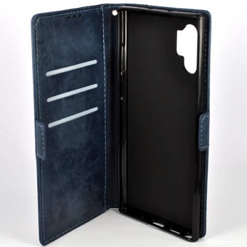 Синий кожаный чехол-книжка для Samsung Galaxy Note 10 Plus с отделом для пластиковых карт и магнитной застежкой