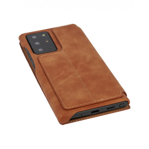 Коричневый кожаный премиум чехол-обложка для Samsung Galaxy Note 20 Ultra (N985F) с отделом для пластиковых карт