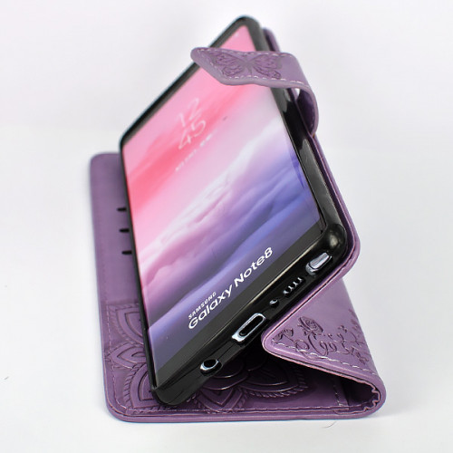 Дизайнерский фирменный чехол для Samsung Galaxy Note 8 с магнитной застежкой и отделом для пластиковых карт фиолетовый