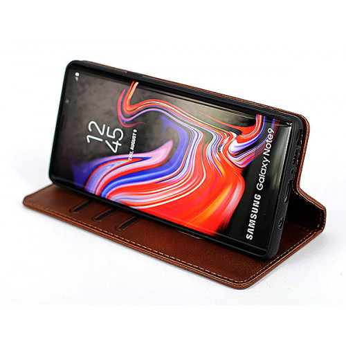 Коричневый кожаный премиум чехол-книжка для Samsung Galaxy Note 9 с отделом для пластиковых карт
