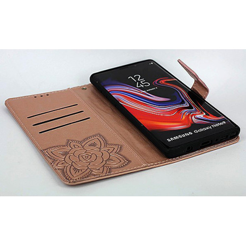 Дизайнерский фирменный чехол для Samsung Galaxy Note 9 с магнитной застежкой и отделом для пластиковых карт розовый