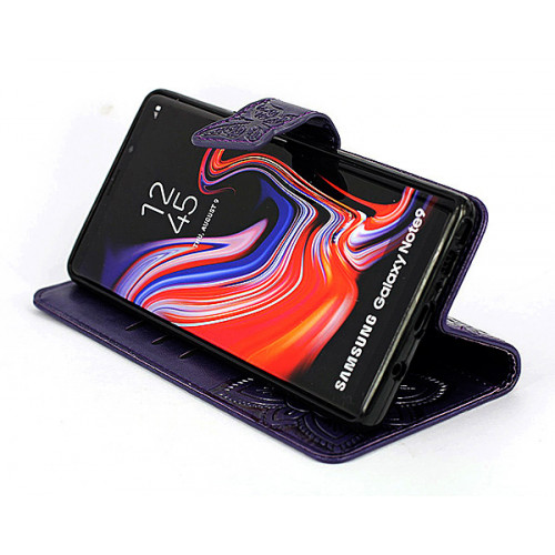 Дизайнерский фирменный чехол для Samsung Galaxy Note 9 с магнитной застежкой и отделом для пластиковых карт фиолетовый