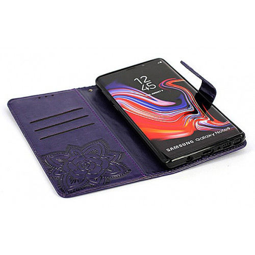 Дизайнерский фирменный чехол для Samsung Galaxy Note 9 с магнитной застежкой и отделом для пластиковых карт фиолетовый