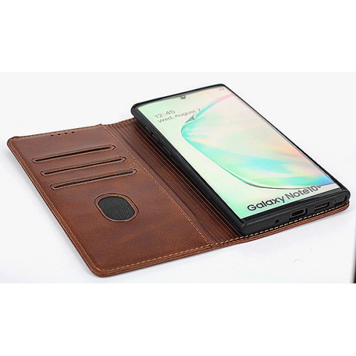 Коричневый кожаный премиум чехол-книжка для Samsung Galaxy Note 10 Plus с отделом для пластиковых карт