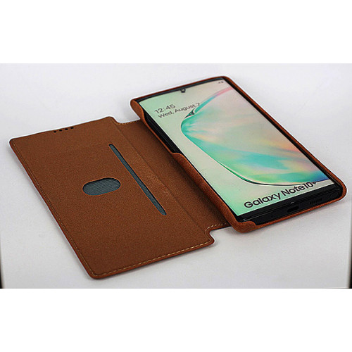 Коричневый кожаный премиум чехол-обложка для Samsung Galaxy Note 10 Plus с отделом для пластиковых карт