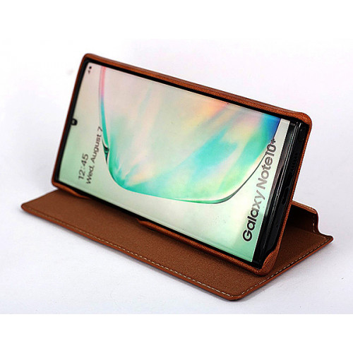Коричневый кожаный премиум чехол-обложка для Samsung Galaxy Note 10 Plus с отделом для пластиковых карт