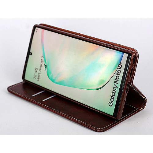 Дизайнерский коричневый кожаный чехол-книжка для Samsung Galaxy Note 10 Plus с отделом для пластиковых карт