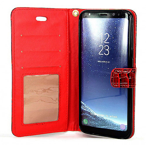 Лакированный красный чехол-книжка под крокодила для Samsung Galaxy S8 Plus с отделом для пластиковых карт