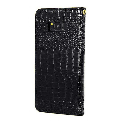 Лакированный черный чехол-книжка под крокодила для Samsung Galaxy S8 Plus с отделом для пластиковых карт