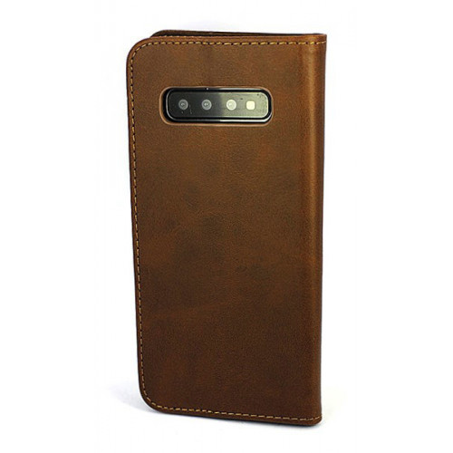 Коричневый кожаный премиум чехол-книжка для Samsung Galaxy S10 Plus с отделом для пластиковых карт