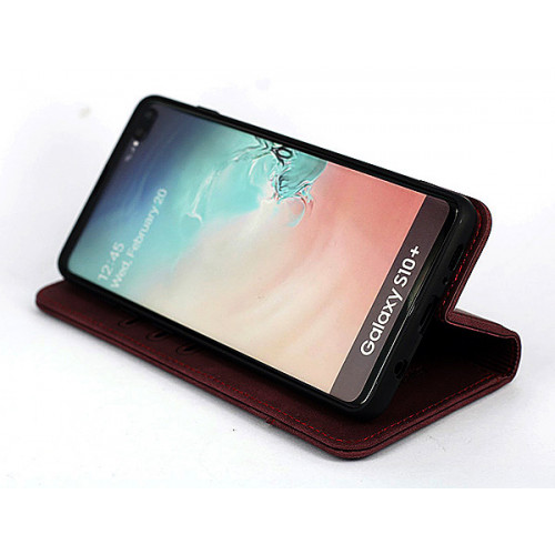 Бордовый кожаный премиум чехол-книжка для Samsung Galaxy S10 Plus с отделом для пластиковых карт 