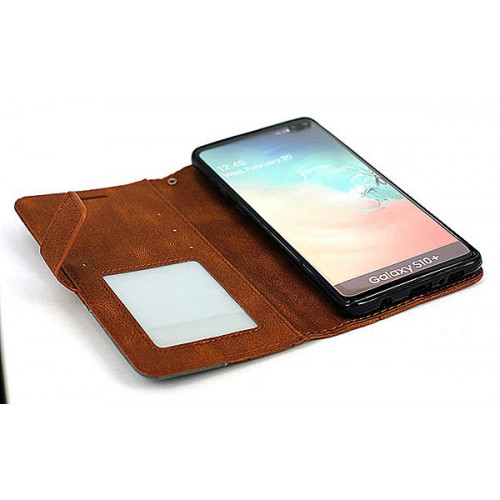 Коричневый кожаный премиум чехол-книжка для Samsung Galaxy S10 Plus с отделом для пластиковых карт 