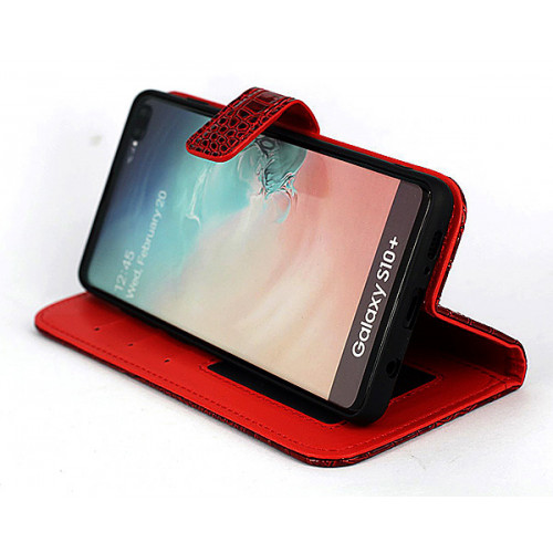 Лакированный красный чехол-книжка под крокодила для Samsung Galaxy S10 Plus с отделом для пластиковых карт
