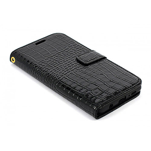 Лакированный черный чехол-книжка под крокодила для Samsung Galaxy S10 Plus с отделом для пластиковых карт