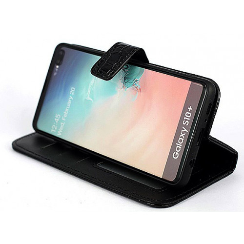 Лакированный черный чехол-книжка под крокодила для Samsung Galaxy S10 Plus с отделом для пластиковых карт