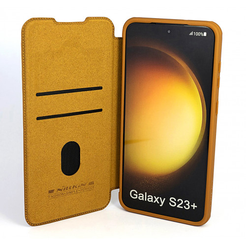 Коричневый премиум чехол-книжка на Samsung Galaxy S23 Plus (SM-S916) с отделом для пластиковых карт