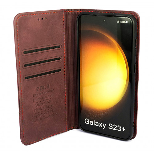 Фирменный кожаный бордовый кейс для Samsung Galaxy S23 Plus с отделом для пластиковых карт