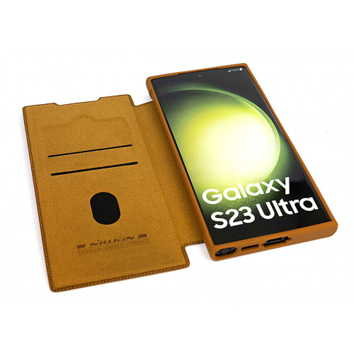 Коричневый премиум чехол-книжка на Samsung Galaxy S23 Ultra (SM-S918) с отделом для пластиковых карт