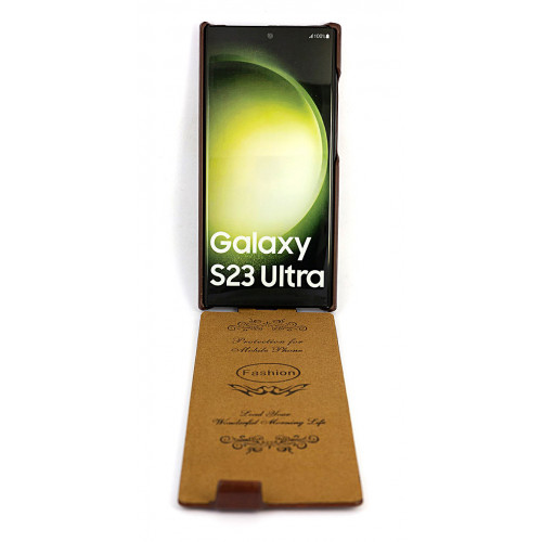 Дизайнерский кожаный фирменный чехол-флип для Samsung Galaxy S23 Ultra коричневый