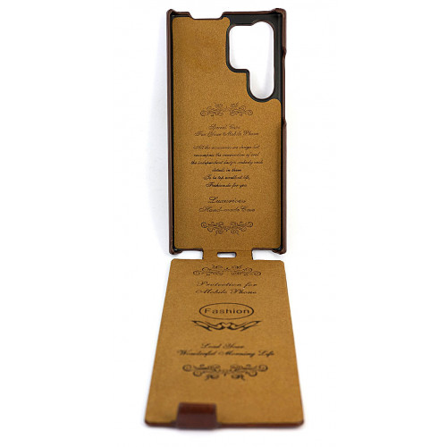 Дизайнерский кожаный фирменный чехол-флип для Samsung Galaxy S23 Ultra коричневый