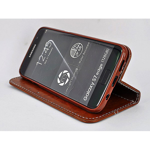 Дизайнерский коричневый кожаный чехол-книжка для Samsung Galaxy S7 Edge с отделом для пластиковых карт