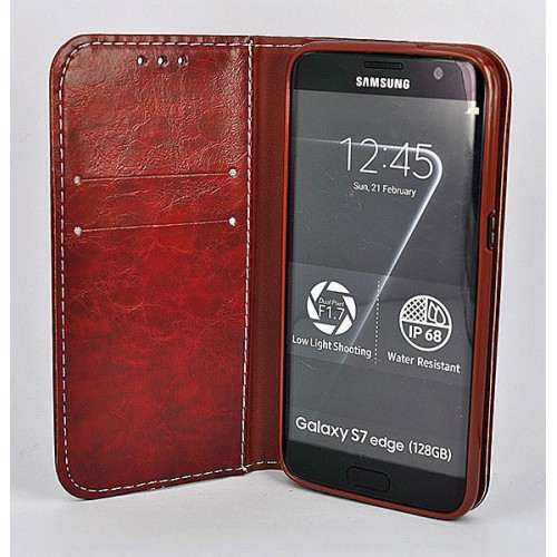 Дизайнерский темно-красный кожаный чехол-книжка для Samsung Galaxy S7 Edge с отделом для пластиковых карт
