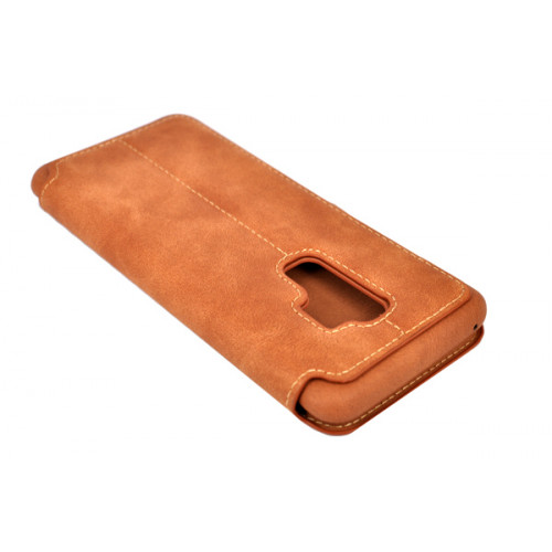 Коричневый кожаный премиум чехол-обложка для Samsung Galaxy S9 Plus с отделом для пластиковых карт