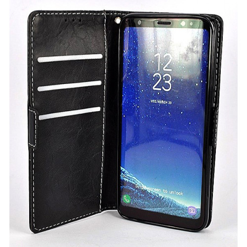 Фирменный кожаный черный чехол для Samsung Galaxy S8 с магнитной застежкой и отделом для пластиковых карт