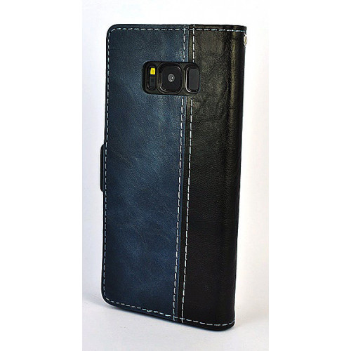 Фирменный кожаный чехол для Samsung Galaxy S8 с магнитной застежкой и отделом для пластиковых карт синего цвета