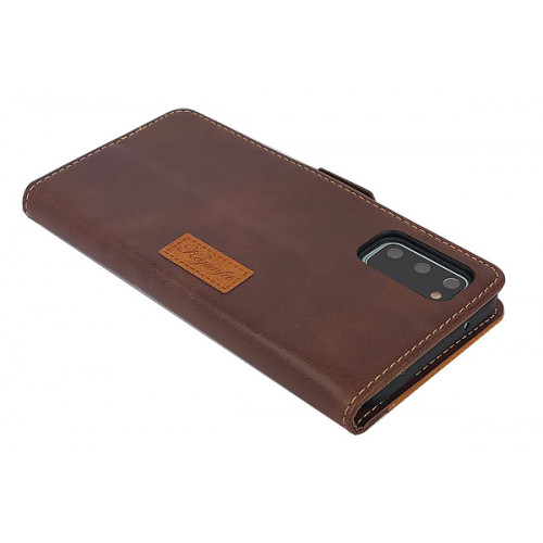 Фирменный кожаный коричневый чехол для Samsung Galaxy S20 (G980) с магнитной застежкой и отделом для пластиковых карт
