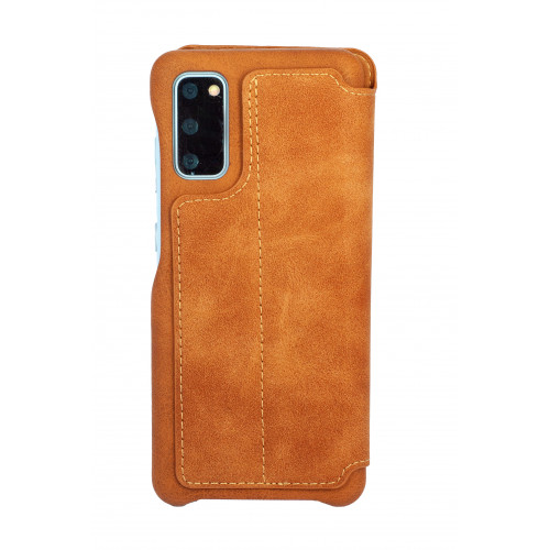 Фирменный коричневый кожаный премиум чехол-обложка на Samsung Galaxy S20 (G980F) с отделом для пластиковых карт