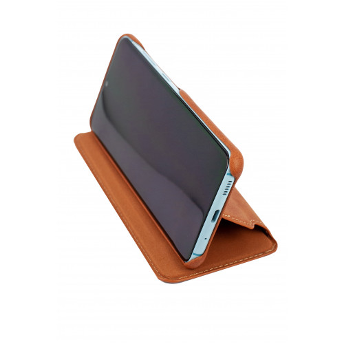 Коричневый кожаный премиум чехол-обложка для Samsung Galaxy S20 FE (G780G) с отделом для пластиковых карточек