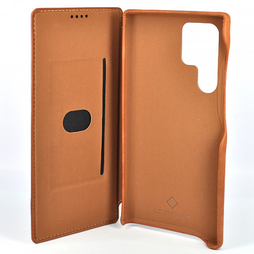 Коричневый кожаный премиум чехол-обложка для Samsung Galaxy S22 Ultra (SM-S908U) с отделом для пластиковых карточек