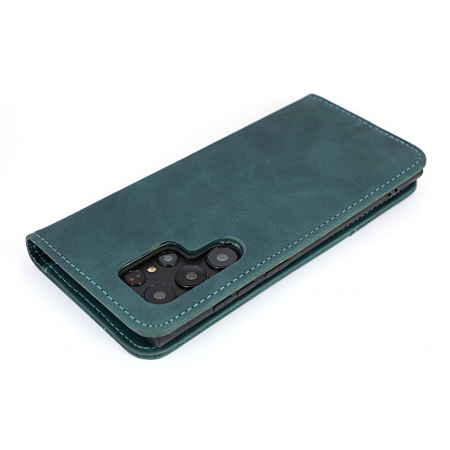 Фирменный кожаный зеленый кейс для Samsung Galaxy S22 Ultra с отделом для пластиковых карт