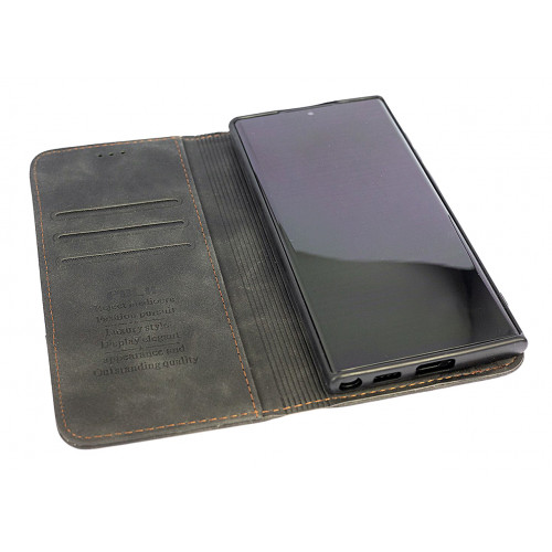 Фирменный кожаный черный кейс для Samsung Galaxy S22 Ultra с отделом для пластиковых карт
