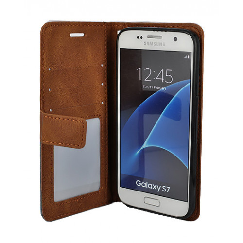 Коричневый кожаный чехол-книжка для Samsung Galaxy S7 с отделом для пластиковых карт 