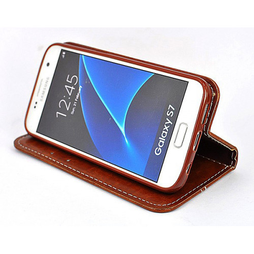 Дизайнерский коричневый кожаный чехол-книжка для Samsung Galaxy S7 с отделом для пластиковых карт