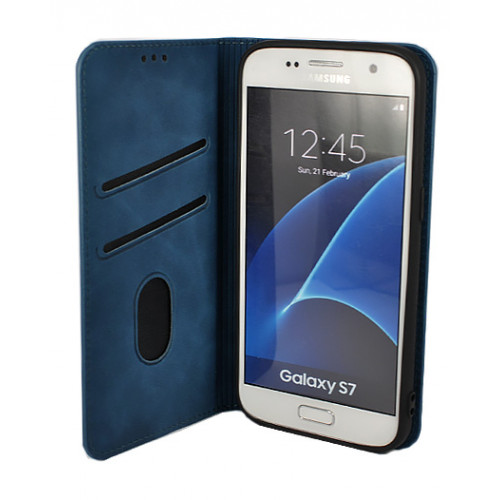 Синий кожаный премиум чехол-книжка для Samsung Galaxy S7 с отделом для пластиковых карт