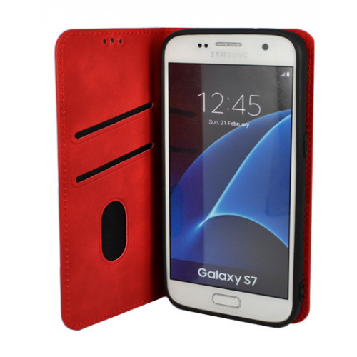 Красный кожаный премиум чехол-книжка для Samsung Galaxy S7 с отделом для пластиковых карт