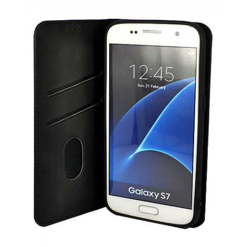 Черный кожаный премиум чехол-книжка для Samsung Galaxy S7 с отделом для пластиковых карт
