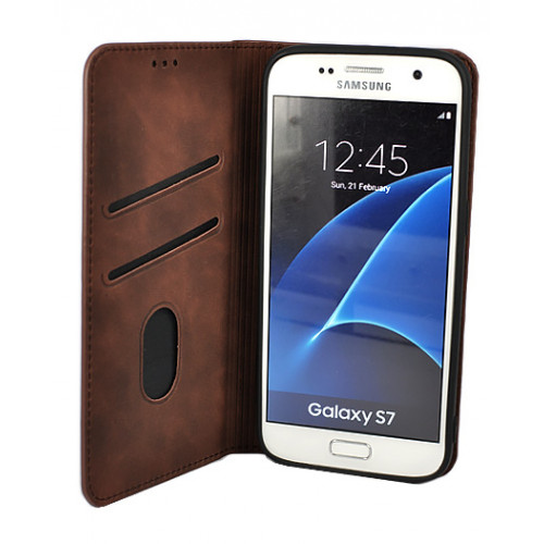 Коричневый кожаный премиум чехол-книжка для Samsung Galaxy S7 с отделом для пластиковых карт