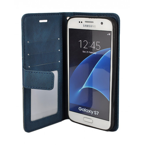 Синий кожаный чехол-книжка для Samsung Galaxy S7 с отделом для пластиковых карт 